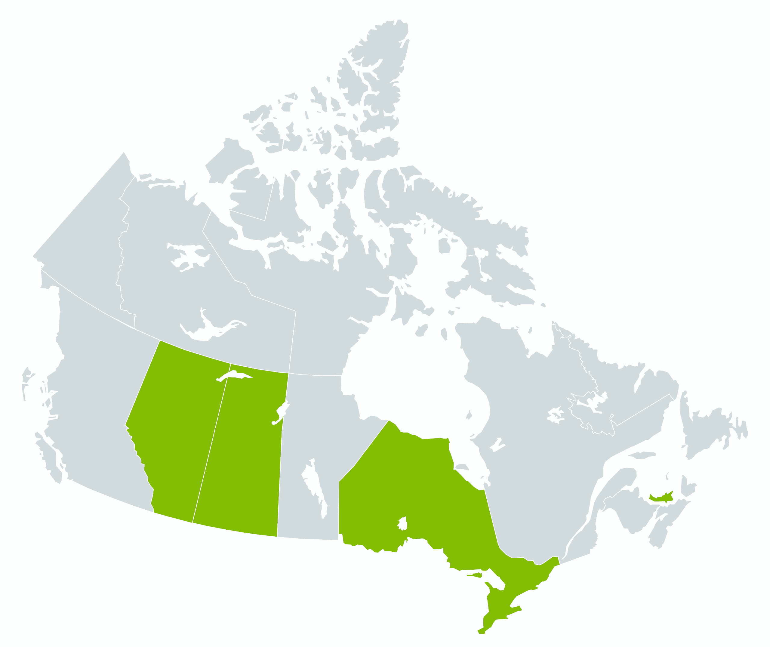 Map of Canada with Alberta, Saskatchewan, Ontario and PEI in green to show where our Kitchens are located.