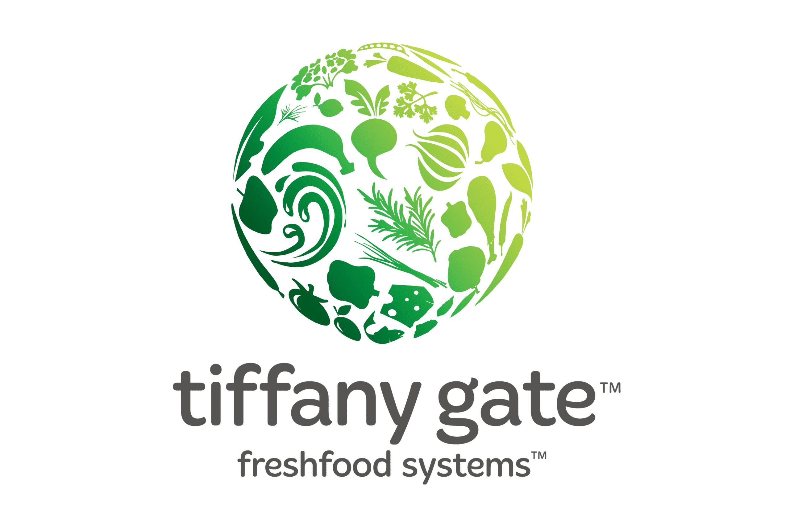 Tiffany Gate fresh food systems logo. World made up of fresh food, Dark green to yellow gradient. Grey Tiffany Gate text.